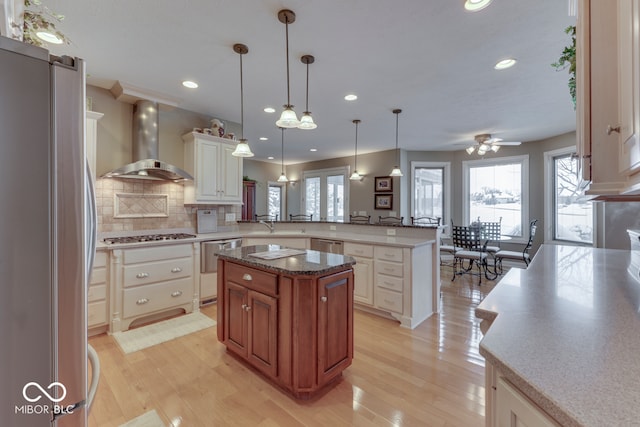 kitchen featuring plenty of natural light, light wood-style floors, appliances with stainless steel finishes, and wall chimney exhaust hood