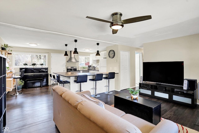 living area with dark wood finished floors and ceiling fan