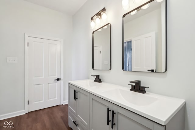 bathroom featuring a sink, baseboards, wood finished floors, and double vanity