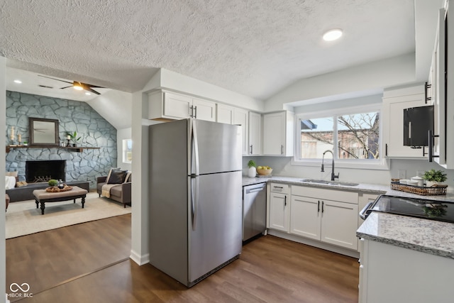 kitchen featuring a sink, lofted ceiling, a stone fireplace, appliances with stainless steel finishes, and dark wood-style flooring