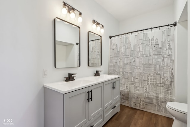 bathroom featuring double vanity, toilet, wood finished floors, and a sink