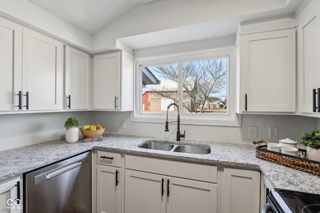 kitchen with a sink, stainless steel dishwasher, and white cabinets