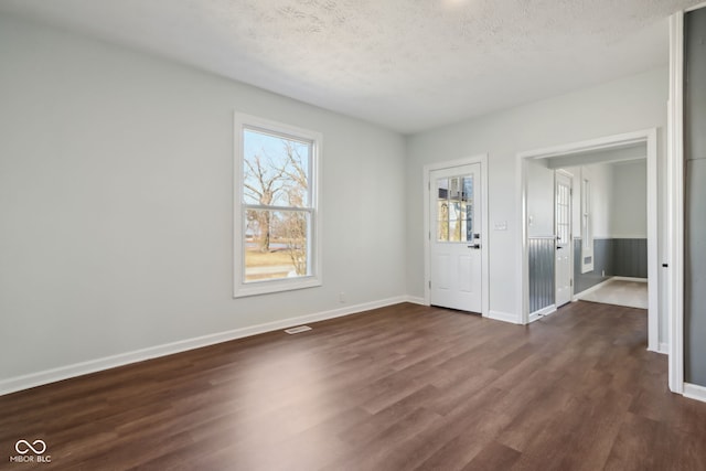 entryway featuring plenty of natural light, a textured ceiling, and dark wood finished floors