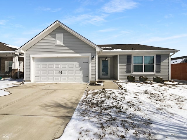 ranch-style home featuring concrete driveway, fence, and a garage