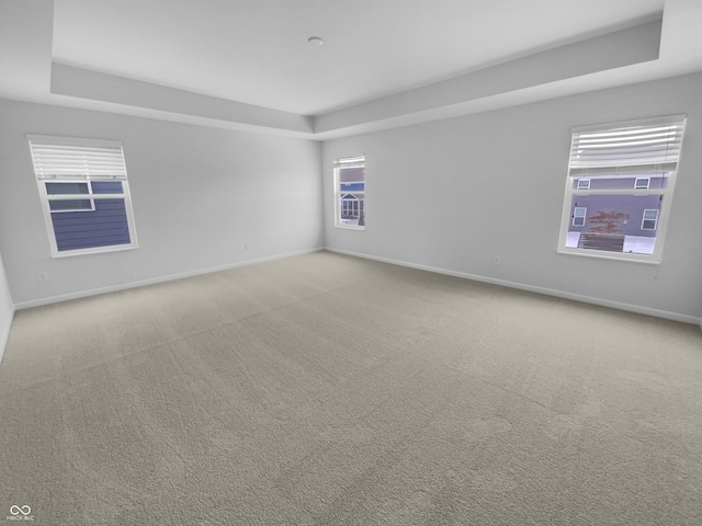 unfurnished room featuring a tray ceiling, carpet, and baseboards