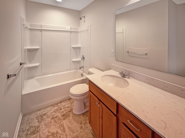 full bathroom featuring toilet, vanity, and  shower combination