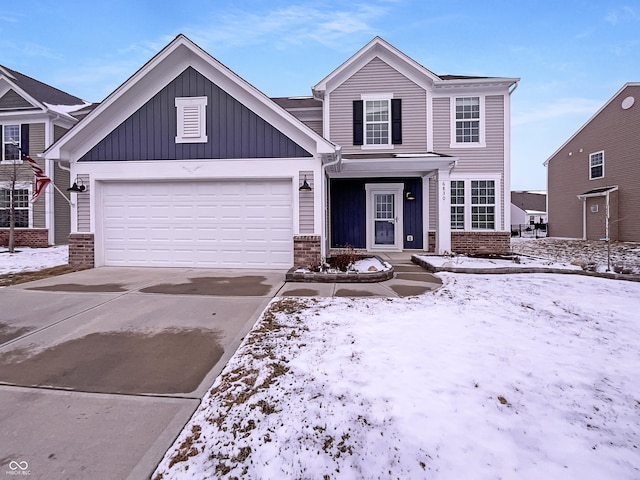 view of front facade featuring brick siding, board and batten siding, concrete driveway, and an attached garage