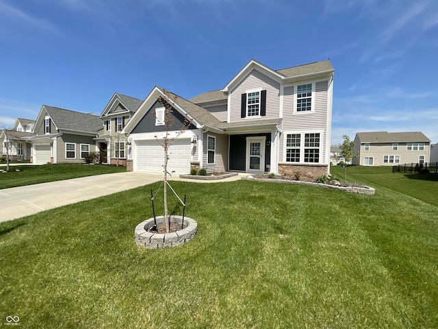 traditional-style home with an attached garage, driveway, a front lawn, and brick siding