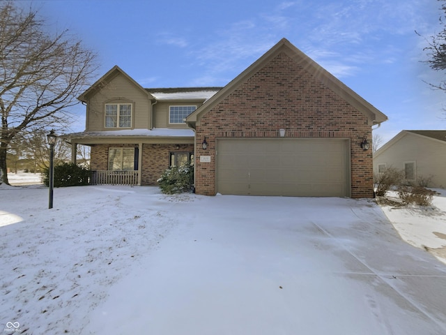 traditional home featuring brick siding, a porch, and an attached garage