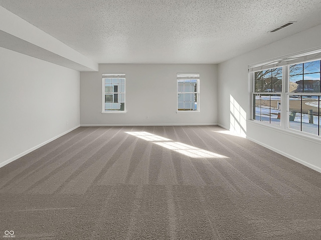 empty room with a wealth of natural light, visible vents, and carpet flooring