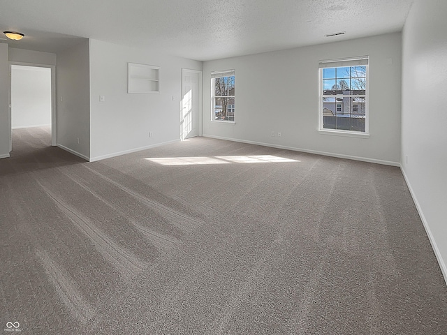 spare room featuring a healthy amount of sunlight, carpet floors, and a textured ceiling