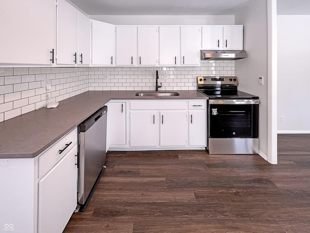 kitchen featuring under cabinet range hood, stainless steel appliances, dark countertops, and a sink