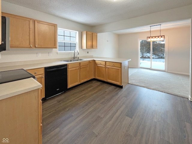 kitchen featuring dark wood-style floors, a peninsula, light brown cabinetry, a sink, and dishwasher