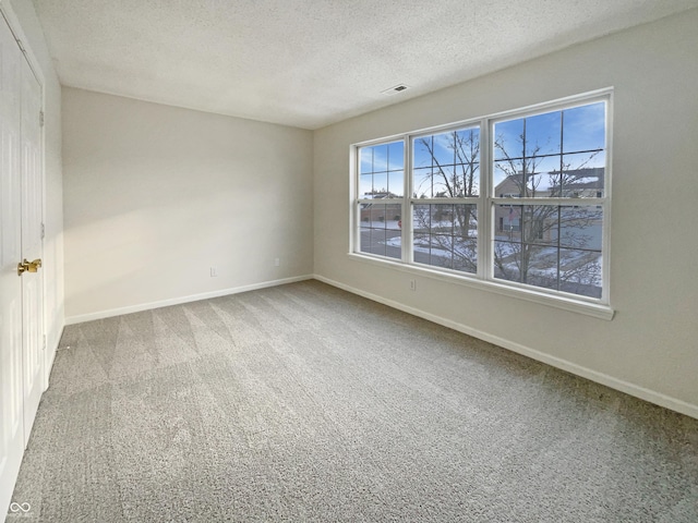 spare room featuring visible vents, baseboards, a textured ceiling, and carpet flooring