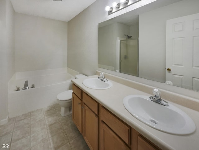 full bathroom featuring double vanity, a bath, a shower, and a sink