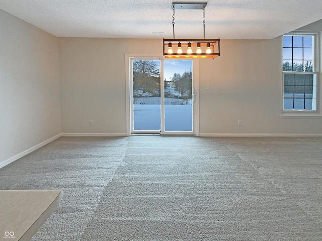 unfurnished dining area with a wealth of natural light, carpet flooring, a textured ceiling, and baseboards