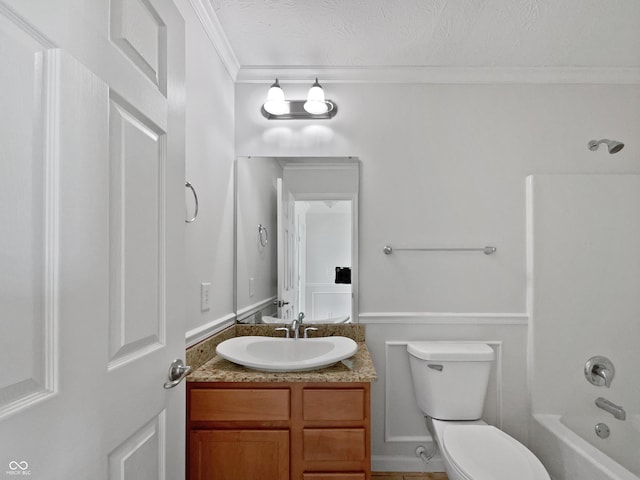 full bath featuring vanity, shower / bath combination, ornamental molding, a textured ceiling, and toilet