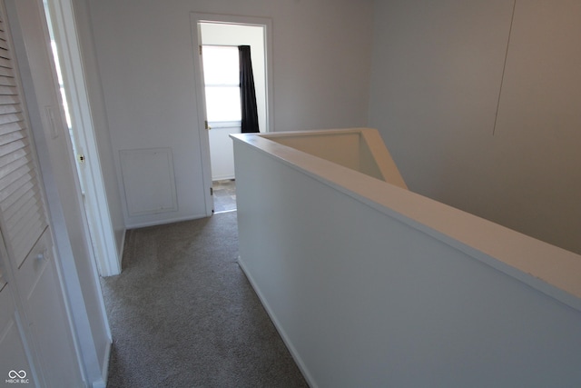 corridor featuring an upstairs landing and carpet