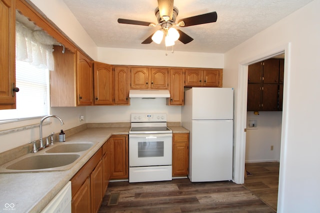 kitchen with white appliances, dark wood-style flooring, a sink, under cabinet range hood, and a textured ceiling