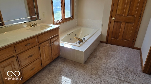 full bath featuring carpet flooring, baseboards, a tub with jets, and vanity