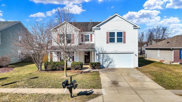 traditional-style home with a front yard, covered porch, a garage, and driveway