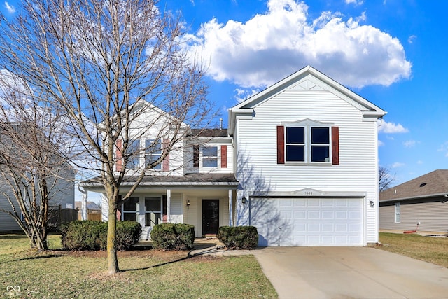 traditional-style house featuring a porch, concrete driveway, a garage, and a front lawn