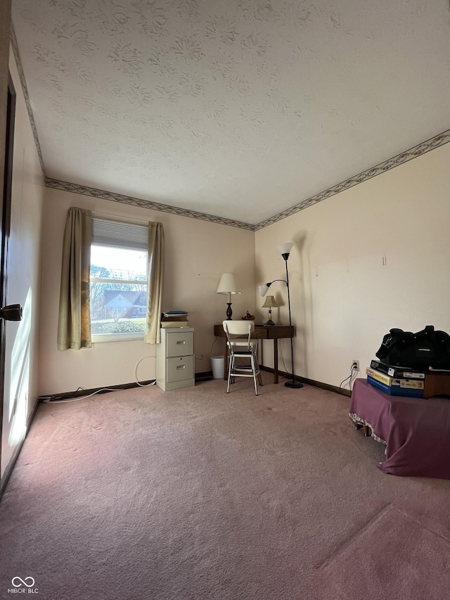 misc room featuring carpet flooring, baseboards, a textured ceiling, and crown molding