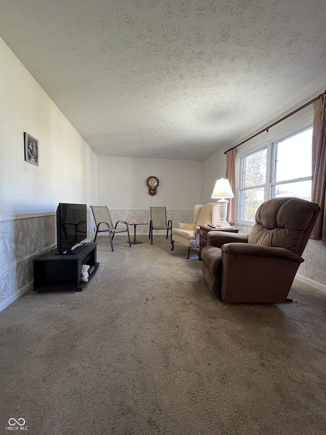 living area with carpet floors and a textured ceiling