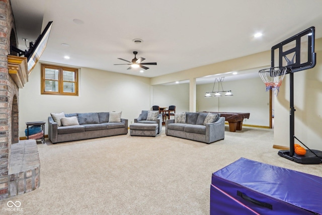 carpeted living room with visible vents, pool table, baseboards, ceiling fan, and recessed lighting