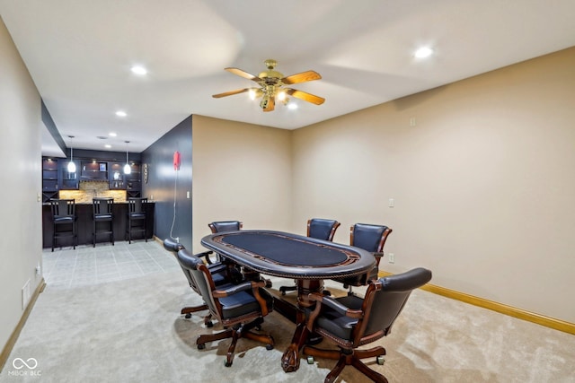 game room featuring recessed lighting, light colored carpet, and baseboards