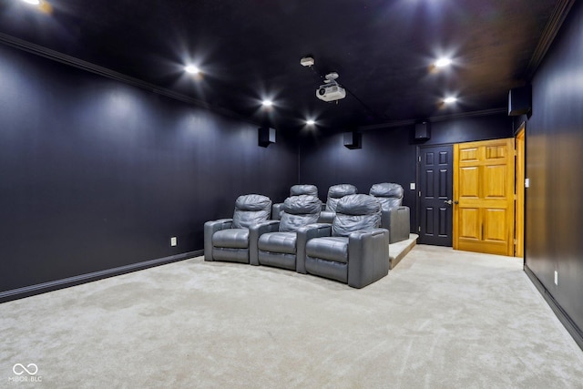 carpeted cinema featuring recessed lighting, baseboards, and ornamental molding