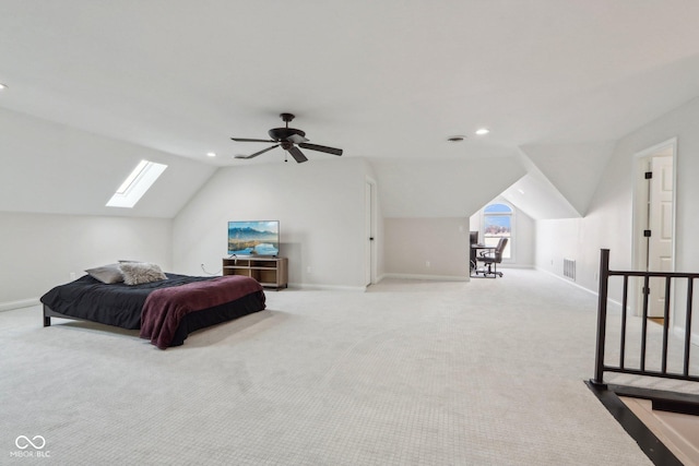 carpeted bedroom featuring vaulted ceiling, multiple windows, recessed lighting, and baseboards