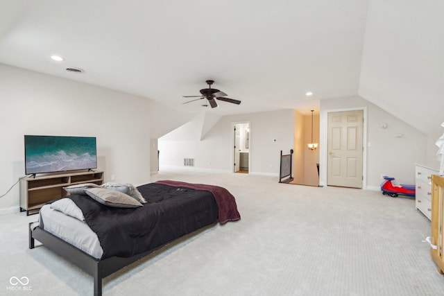 carpeted bedroom featuring visible vents, recessed lighting, baseboards, and vaulted ceiling