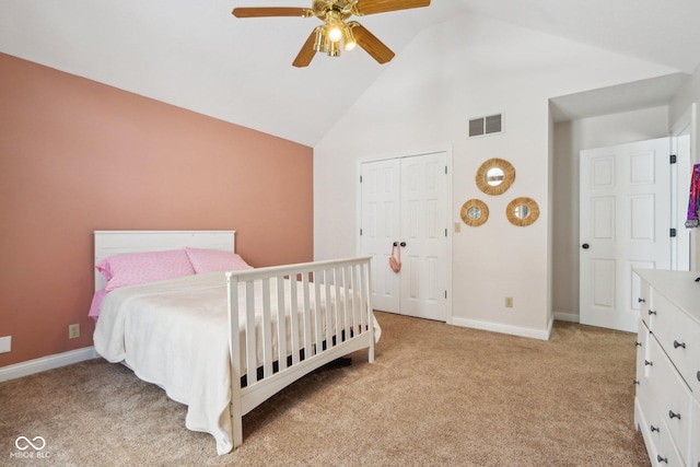 bedroom featuring light carpet, visible vents, high vaulted ceiling, and baseboards