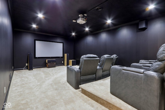 cinema room featuring recessed lighting, crown molding, and carpet floors