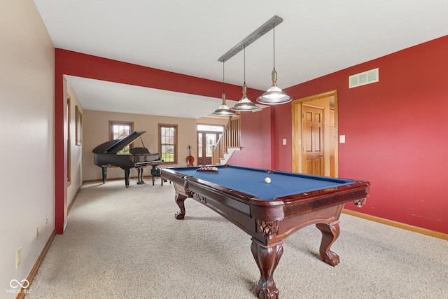 recreation room with pool table, baseboards, carpet, and visible vents