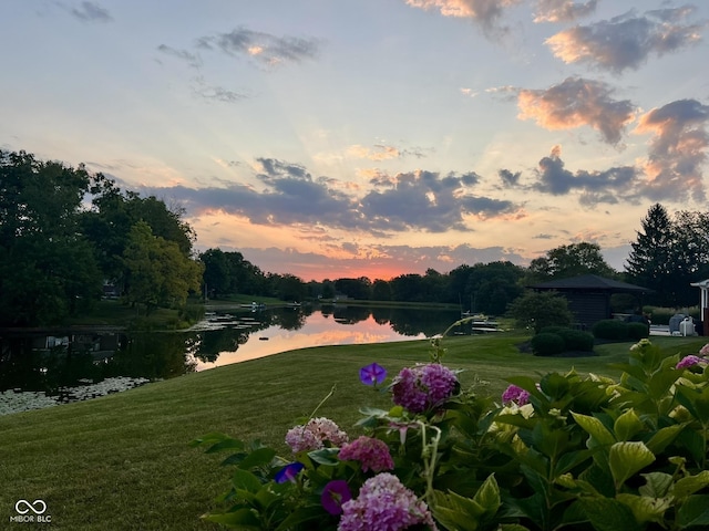 yard at dusk with a water view