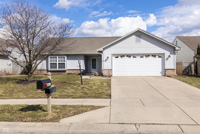 ranch-style house featuring driveway, fence, a front yard, a garage, and brick siding