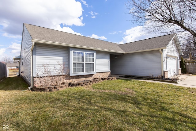 ranch-style home featuring brick siding, a front lawn, concrete driveway, roof with shingles, and a garage