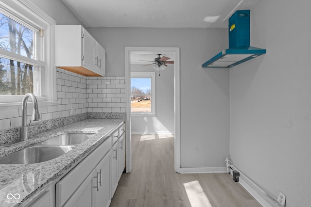 kitchen with ventilation hood, light wood finished floors, a sink, white cabinetry, and tasteful backsplash