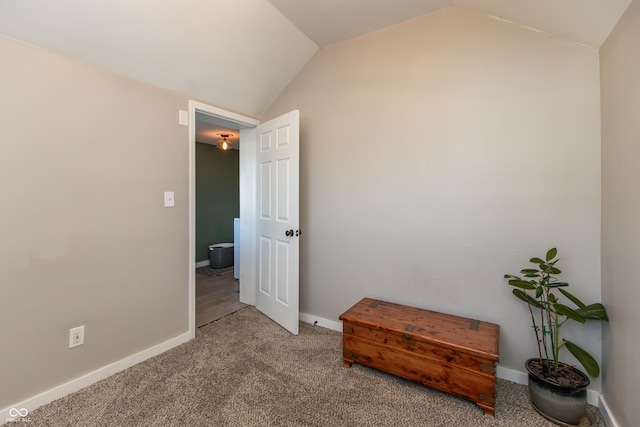 bedroom with baseboards, lofted ceiling, and carpet floors