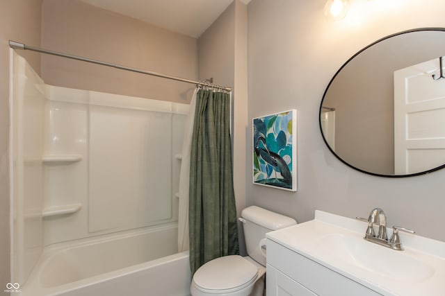 full bathroom featuring shower / bath combination with curtain, vanity, and toilet