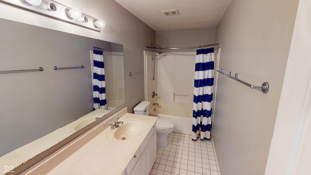 bathroom featuring visible vents, toilet, shower / bath combo with shower curtain, tile patterned floors, and a textured ceiling