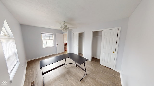 interior space with ceiling fan, baseboards, two closets, and wood finished floors