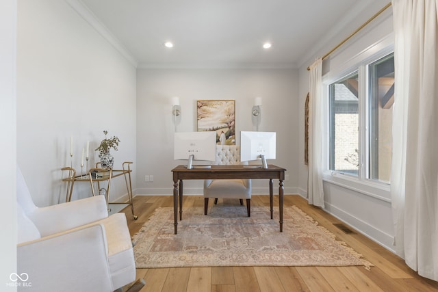 5189 Abbeygate Blvd, Bargersville, IN 46106 - office space with visible vents, crown molding, baseboards, light wood-type flooring, and recessed lighting