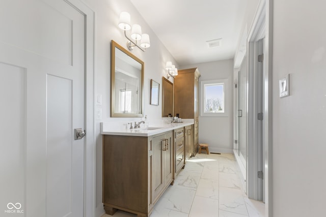 5189 Abbeygate Blvd, Bargersville, IN 46106 - full bathroom featuring visible vents, a shower stall, double vanity, marble finish floor, and a sink