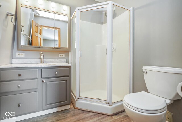 1310 Bowman Dr, Greenfield, IN 46140 - bathroom with a stall shower, toilet, vanity, and wood finished floors