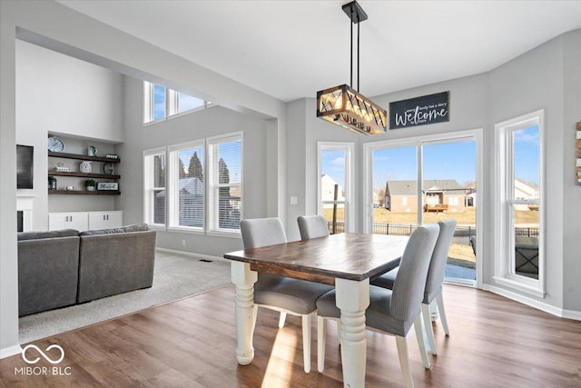 dining space featuring a fireplace, wood finished floors, and a wealth of natural light