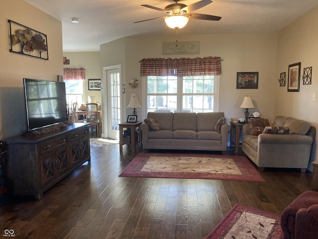 living room featuring a ceiling fan and wood finished floors