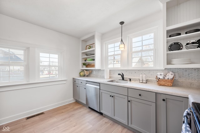 kitchen with dishwasher, open shelves, gray cabinetry, and a sink